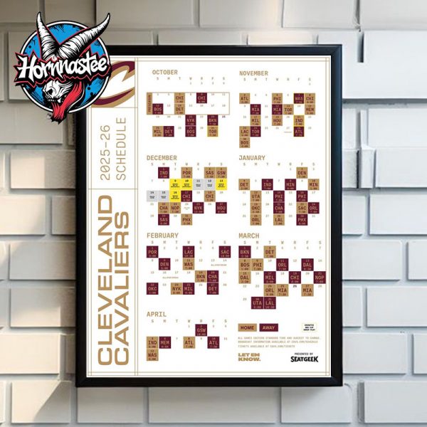 NBA Cleveland Cavaliers Regular Season 2025-26 Schedule Poster Home Decor Canvas