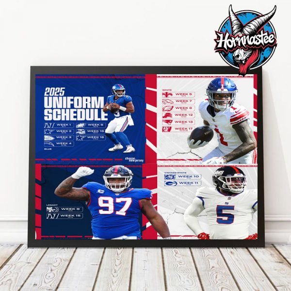 New York Giants NFL Official 2025 Uniform Schedule Poster Home Decor Canvas Horizontal