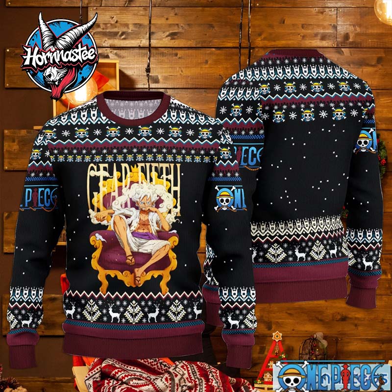 Monkey D Luffy One Piece Gear 5 Sun God Nika Christmas Ugly Christmas Sweater Monkey D Luffy One Piece Gear 5 Sun God Nika Christmas Ugly Christmas Sweater