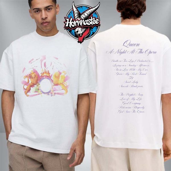 Queen Band A Night At The Opera 50th Anniversary White Tracklisting Unisex T Shirt Two Sided