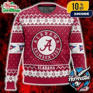 Alabama Crimson Tide Ugly Christmas Sweater NCAA SEC Circle Logo Crimson White Fair Isle Knit Pattern NCAA Ugly Christmas Sweater