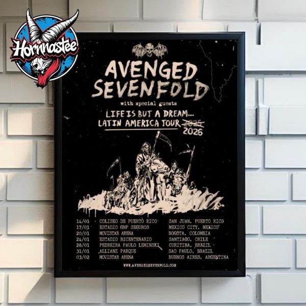 Avenged Sevenfold Life Is But A Dream Latin America Tour 2026 Schedule Tour Dates Poster Home Decor Canvas