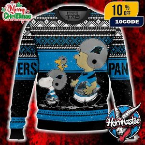 Carolina Panthers Snoopy Charlie Brown Ugly Christmas Sweater Peanuts NFL Football Holiday Knit With Fair Isle Pattern Snowflakes NFL Ugly Sweater