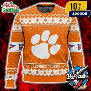Clemson Tigers Ugly Christmas Sweater NCAA ACC Tiger Paw Logo Orange White NCAA Ugly Christmas Sweater
