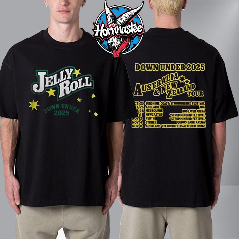 Jelly Roll Down Under 2025 Australia And New Zealand Tour Schedule Tour Dates Unisex T Shirt Two Sided Jelly Roll Down Under 2025 Australia And New Zealand Tour Schedule Tour Dates Unisex T Shirt Two Sided