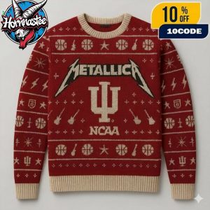 Metallica x Indiana Hoosiers Burgundy Cream Knitted Crew Neck Fair Isle Metallica x NCAA Ugly Christmas Sweater