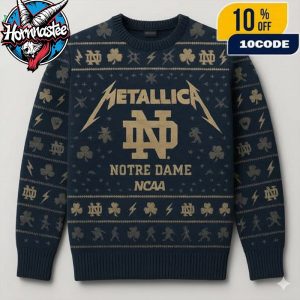 Metallica x Notre Dame Fighting Irish Metal Band Navy Gold Knit Holiday Metallica x NCAA Ugly Christmas Sweater