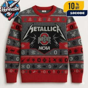 Metallica x Ohio State Buckeyes Red Gray Knitted Crew Neck Fair Isle Metallica x NCAA Ugly Christmas Sweater
