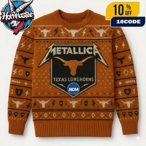 Metallica x Texas Longhorns Metal Band Burnt Orange Knit Holiday Metallica x NCAA Ugly Christmas Sweater